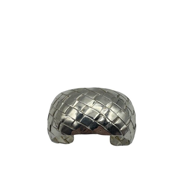 Wide Cuff Bracelet Silver-Tone Textured Woven Design Open Size Adjustable - Picture 1 of 7